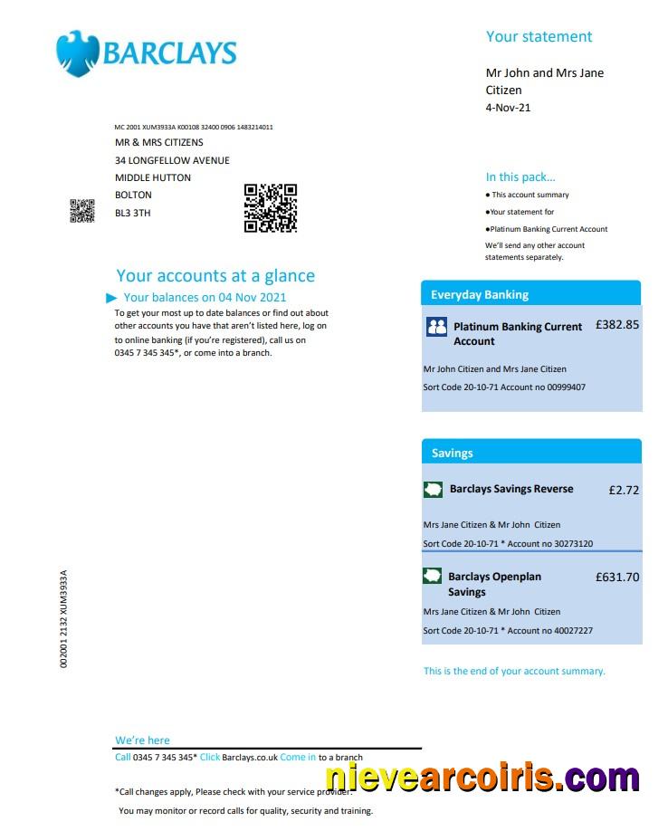 United Kingdom Barclays bank statement in .xls and .pdf format, version 2